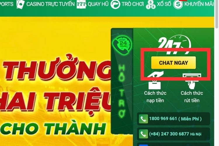 Click vào ô “Chat ngay" tại hệ thống Fb88 liên hệ