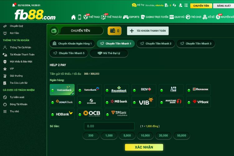 Hướng dẫn nạp tiền Fb88 bằng chuyển khoản nhanh